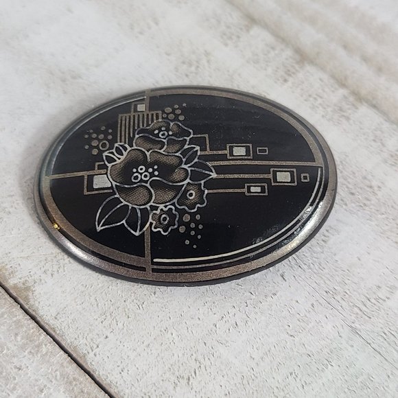 Vintage Michaela Frey Brooch Signed Oval Enamel Black Silver Floral Art Deco - Picture 2 of 9